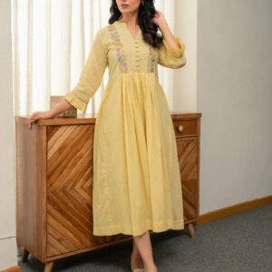 Dobby Pastel Yellow Dress with Embroidery