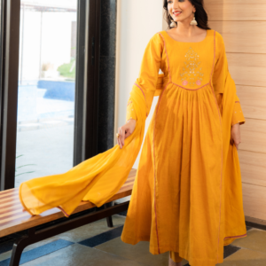 Yellow Cotton Embroidered Anarkali Kurta Set With Dupatta And Pants