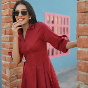 Red Cotton Linen Short Dress - Image 4