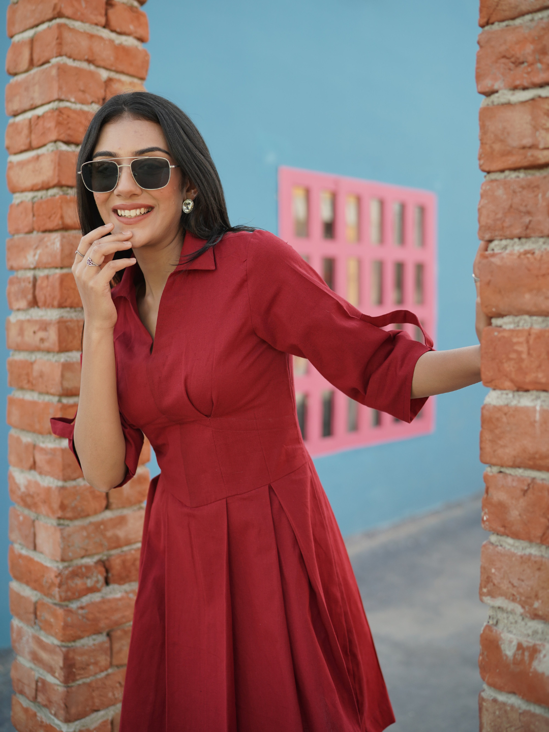 Red Cotton Linen Short Dress - Image 4