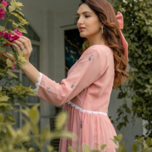 Alternative view of Pink Mist Dress in Kota Doriya Fabric with Embroidery