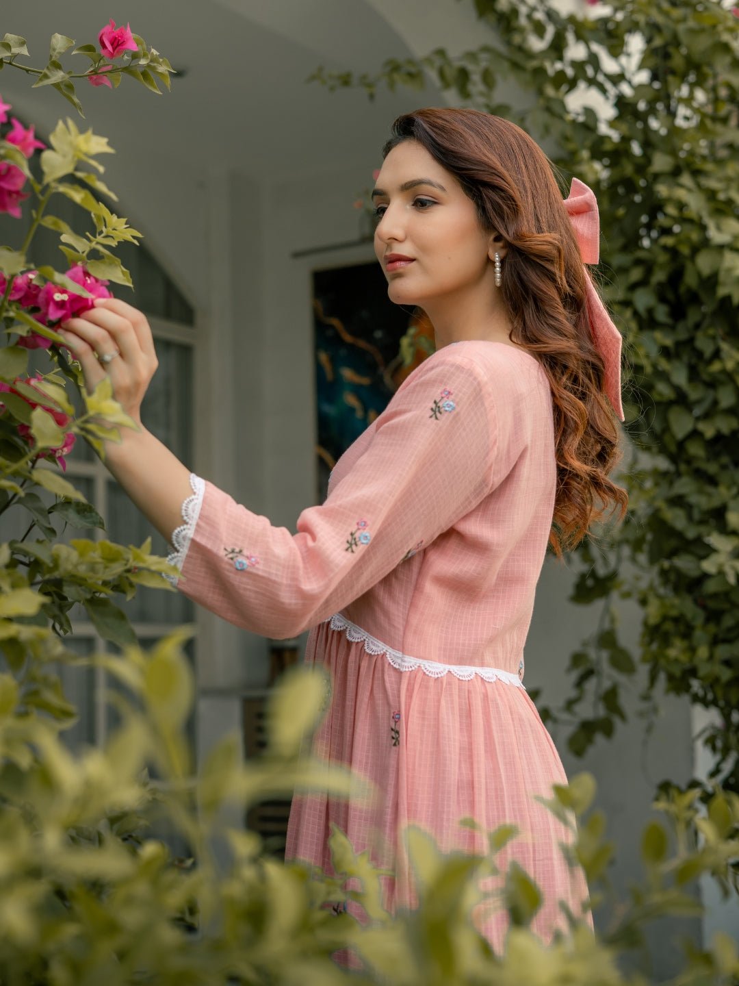 Pink Mist Dress in Kota Doriya Fabric with Embroidery - Image 2