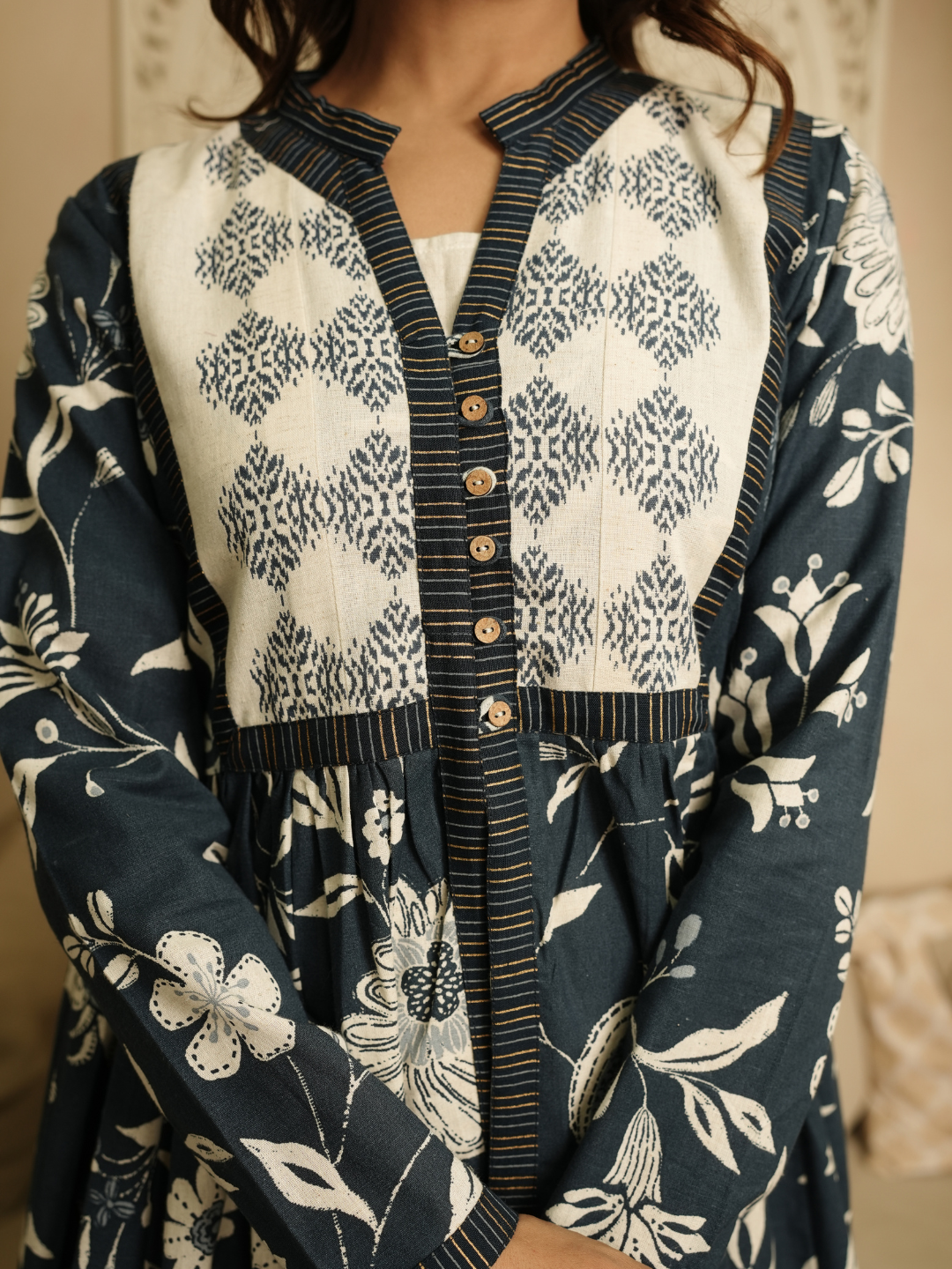 Blue and Beige Block Print Cotton Dress - Image 3