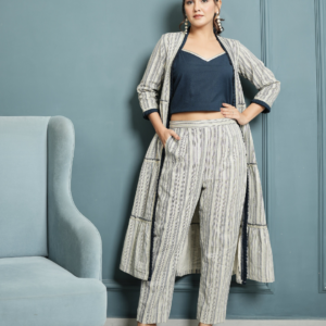 Indigo Crop Top And Pant with Cotton Linen Shrug