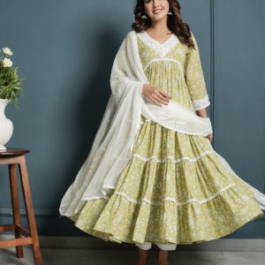 Green White Lace Anarkali Kurta with Pants And Dupatta