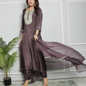 Purple Shantoon Embroidery Kurta with Pants and Dupatta