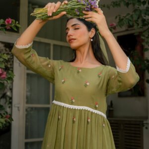 Mint Grace Dress in Kota Doriya Fabric with Embroidery - Image 4