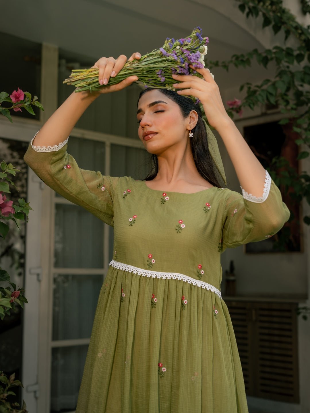 Mint Grace Dress in Kota Doriya Fabric with Embroidery - Image 4