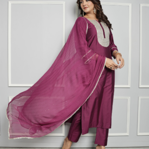 Pink Chanderi Silk Kurta With Pants And Dupatta With Embroidery