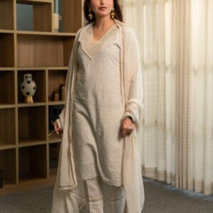 Alternative view of Schiffli Kurta Set with Dupatta and Pants