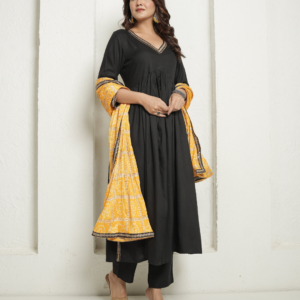 Black Kurta and Pants with Yellow Bandhej Dupatta