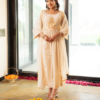 Off White Linen Blend Anarkali  Kurta Set With Embroidery