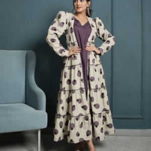 RAYON INNER DRESS WITH POPLIN BLOCK PRINT SHRUG