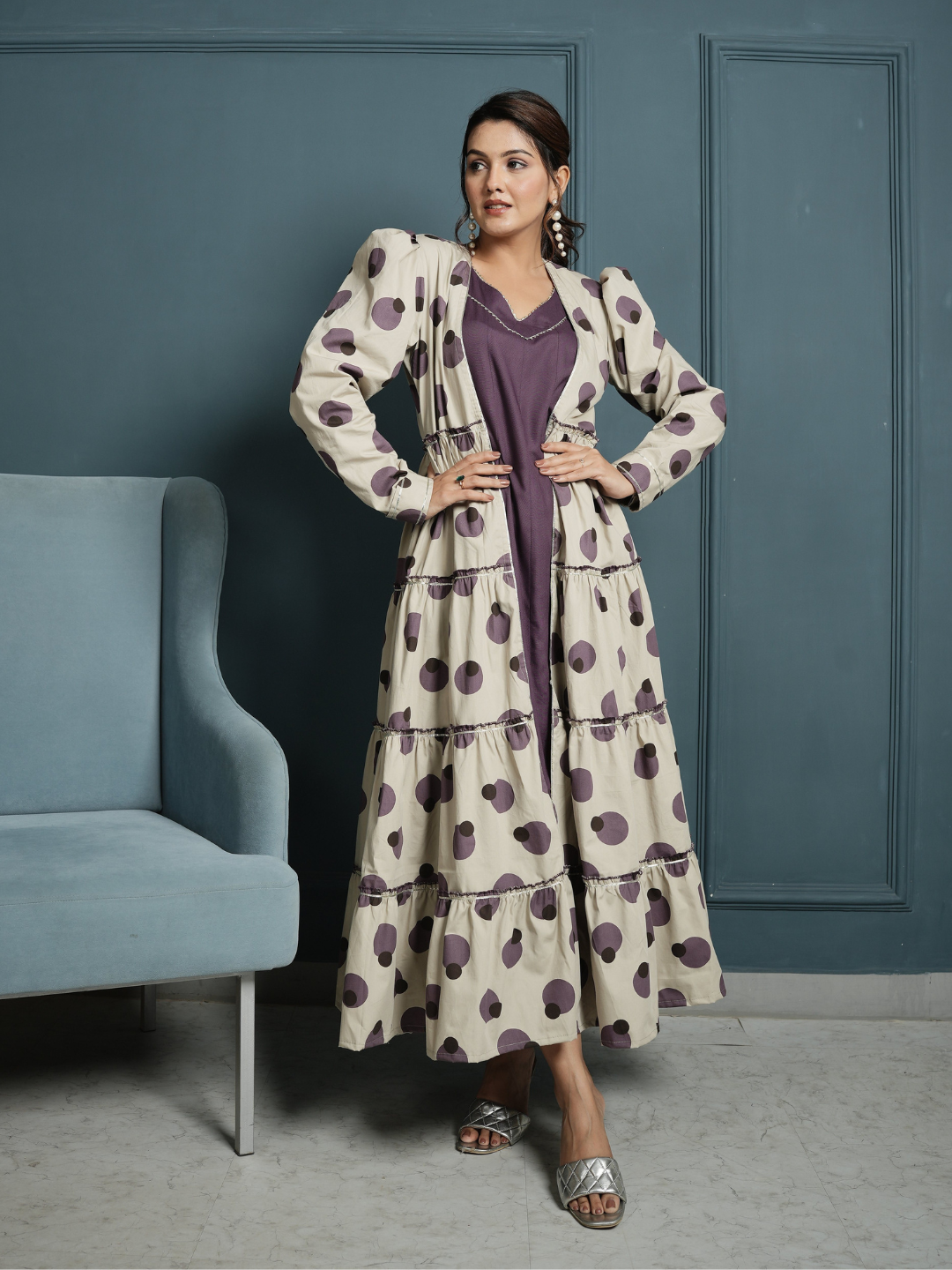 RAYON INNER DRESS WITH POPLIN BLOCK PRINT SHRUG