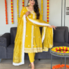 Crinkle Crepe Yellow Embroidery Kurta Set With Organza Dupatta