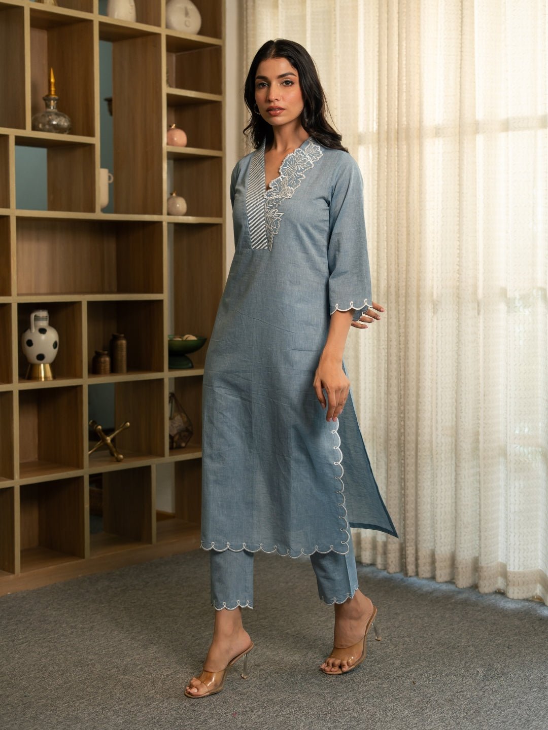 Chambray Embroidered Kurta Set with Dupatta and Pants - Image 10