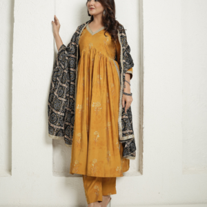 Muslin Yellow Anarkali Kurta with Black Banhdej Dupatta