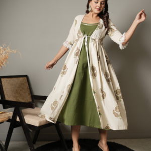 Green Inner with Block Print Cotton Shrug Dress