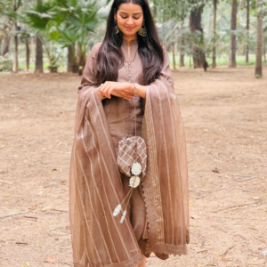 Alternative view of Brown Chanderi Kurta Set With Dupatta And Pants