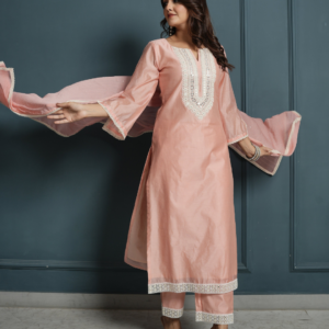 Pastel Pink Chanderi Kurta with Pants and Dupatta
