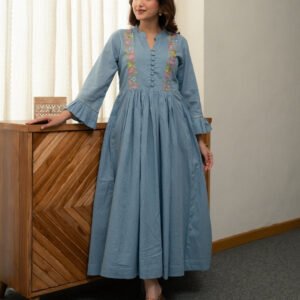 Dobby Blue Dress with Embroidery