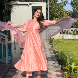 Alternative view of Pink Chanderi Anarkali  Kurta Set With Organza Dupatta