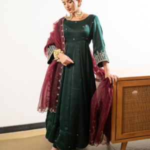 Velvet Satin Green Anarkali With Dupatta And Pants