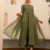 Green Chanderi Anarkali Kurta Set With Dupatta And Pants