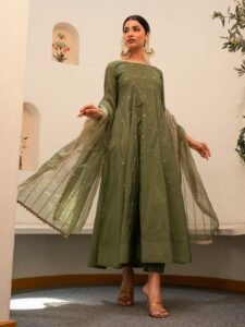 Green Chanderi Anarkali Kurta Set With Dupatta And Pants