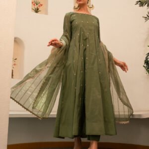 Green Chanderi Anarkali Kurta Set With Dupatta And Pants