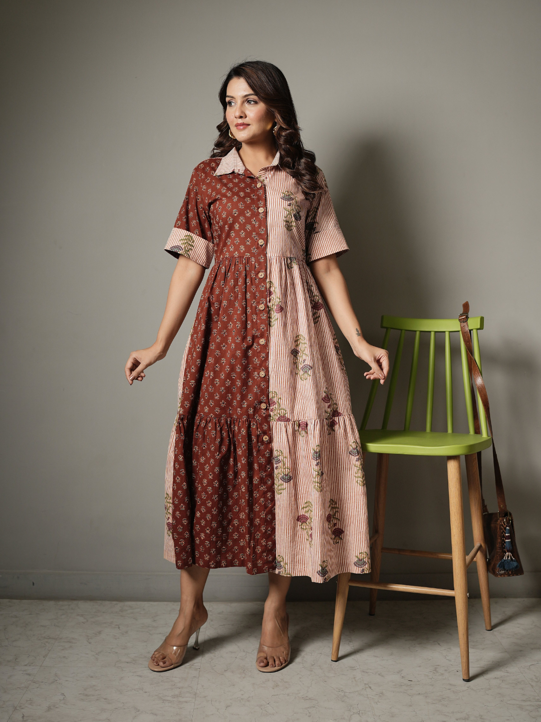 Block Print Half and Half Flower Dress