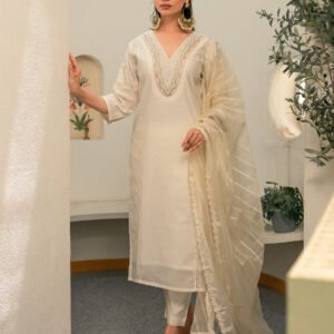 Chanderi Embroidery Pintucks Kurta with Dupatta and Pants