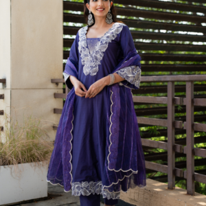 Blue Chanderi Kurta Set With Embroidery