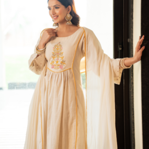 Alternative view of Off White Linen Blend Anarkali  Kurta Set With Embroidery