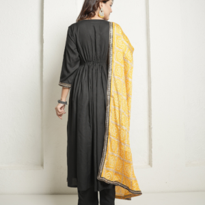 Alternative view of Black Kurta and Pants with Yellow Bandhej Dupatta