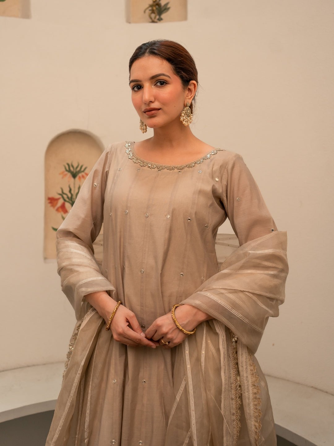 Amber Chanderi Anarkali Kurta Set with Dupatta and Pants - Image 10