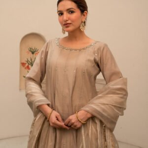 Amber Chanderi Anarkali Kurta Set with Dupatta and Pants - Image 8