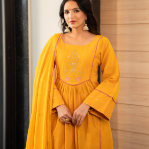 Alternative view of Yellow Cotton Embroidered Anarkali Kurta Set With Dupatta And Pants