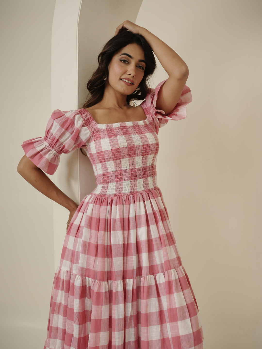 Pink Check Block Printed Dress - Image 4