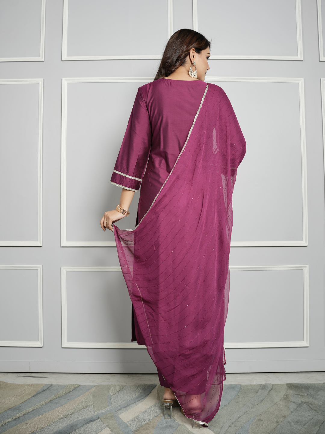 Pink Chanderi Silk Kurta With Pants And Dupatta With Embroidery - Image 2