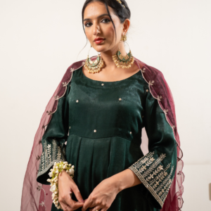 Alternative view of Velvet Satin Green Anarkali With Dupatta And Pants