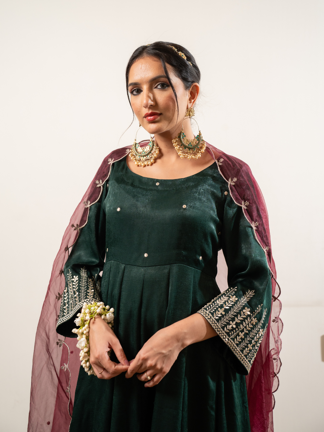 Velvet Satin Green Anarkali With Dupatta And Pants - Image 2