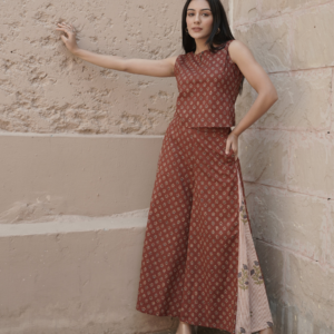 Alternative view of Block Printed Co-ord Top and Palazzo with Shrug