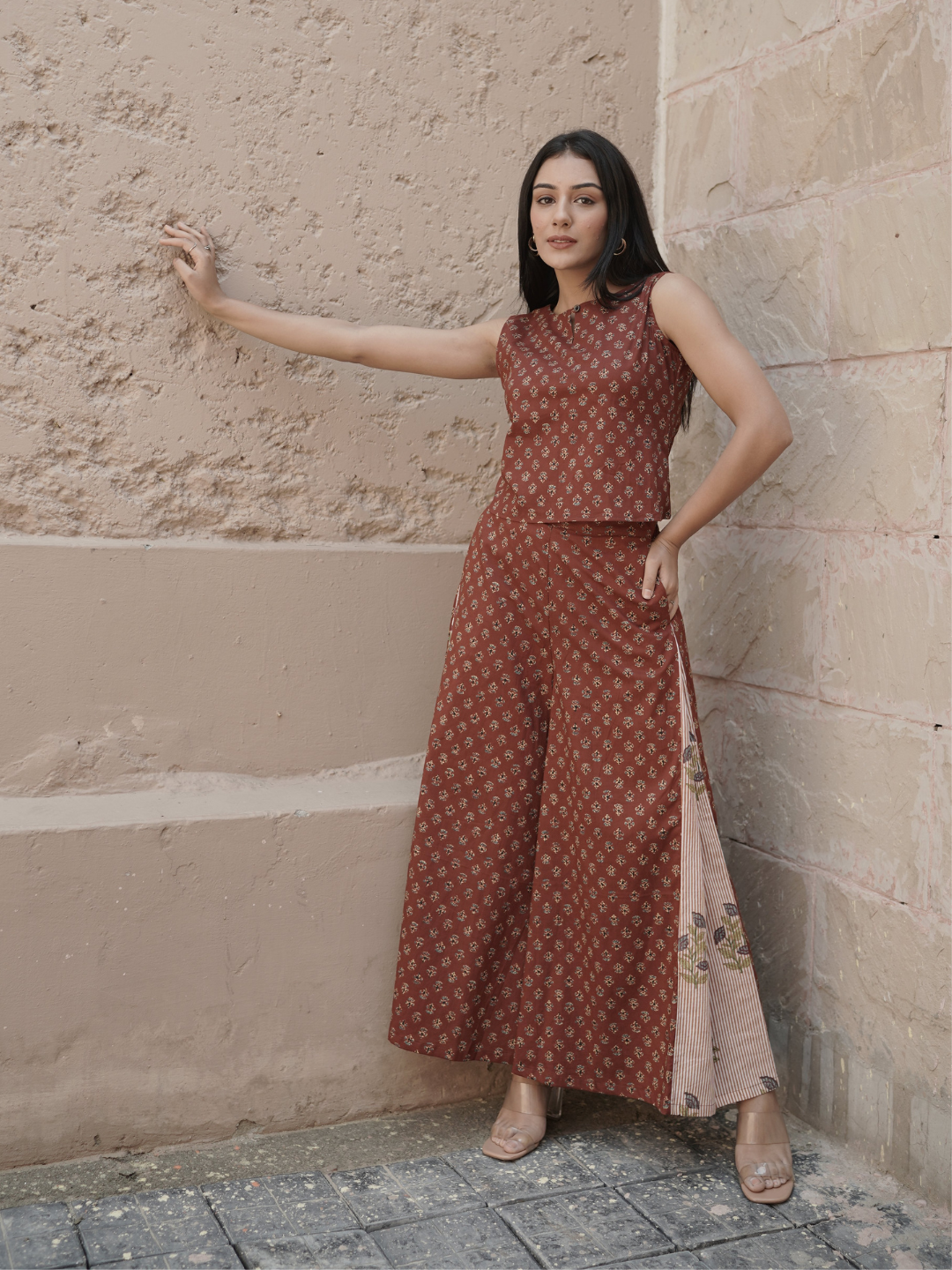 Block Printed Co-ord Top and Palazzo with Shrug - Image 2