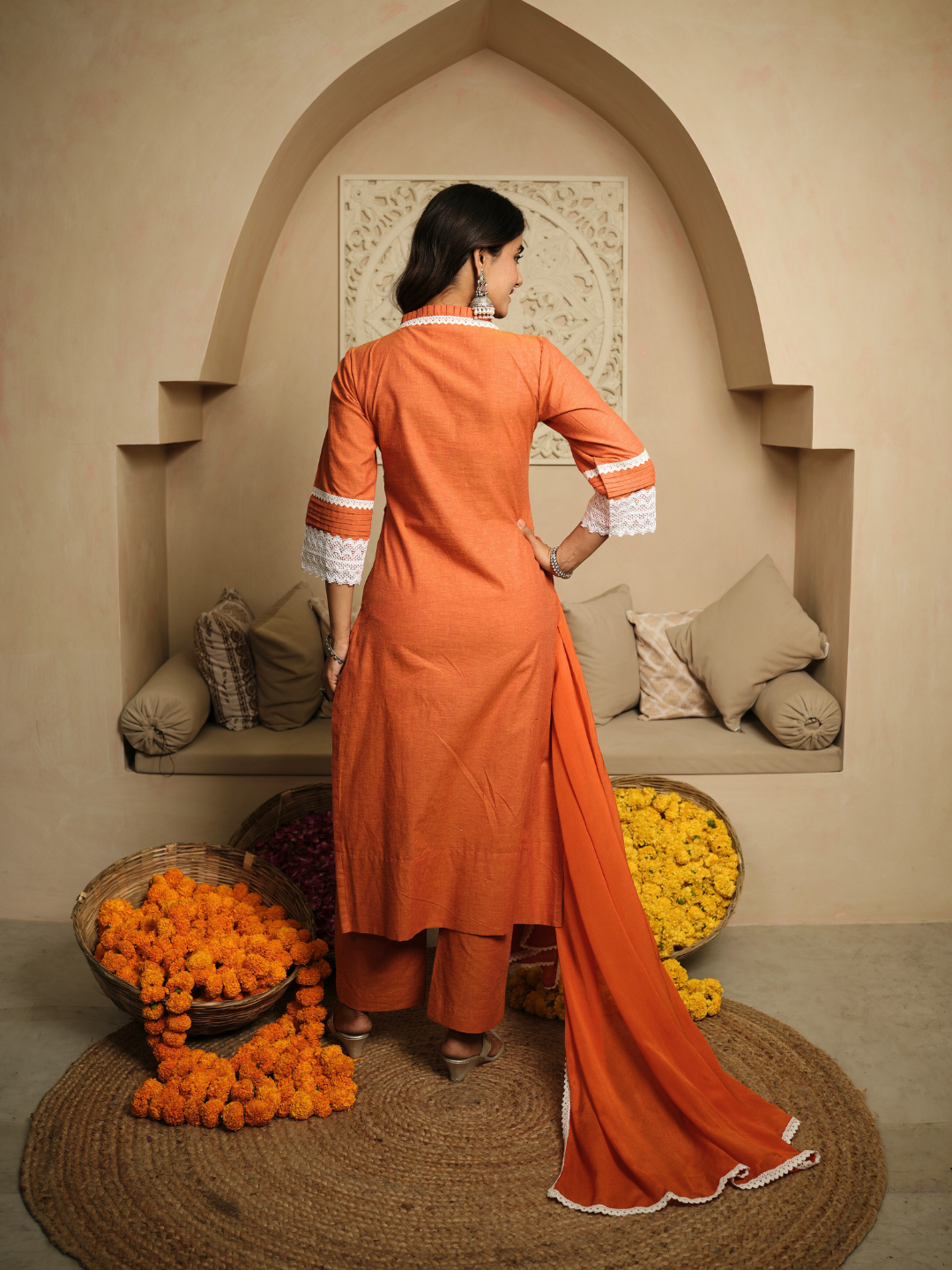 Cadmium Orange Kurta with Dupatta and Pants - Image 2