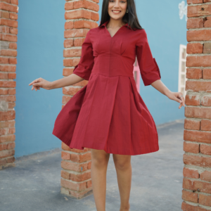 Red Cotton Linen Short Dress - Image 3