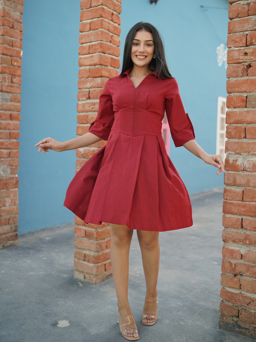 Red Cotton Linen Short Dress - Image 3