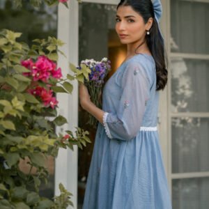 Blue Breeze Dress in Kota Doriya Fabric with Embroidery - Image 6