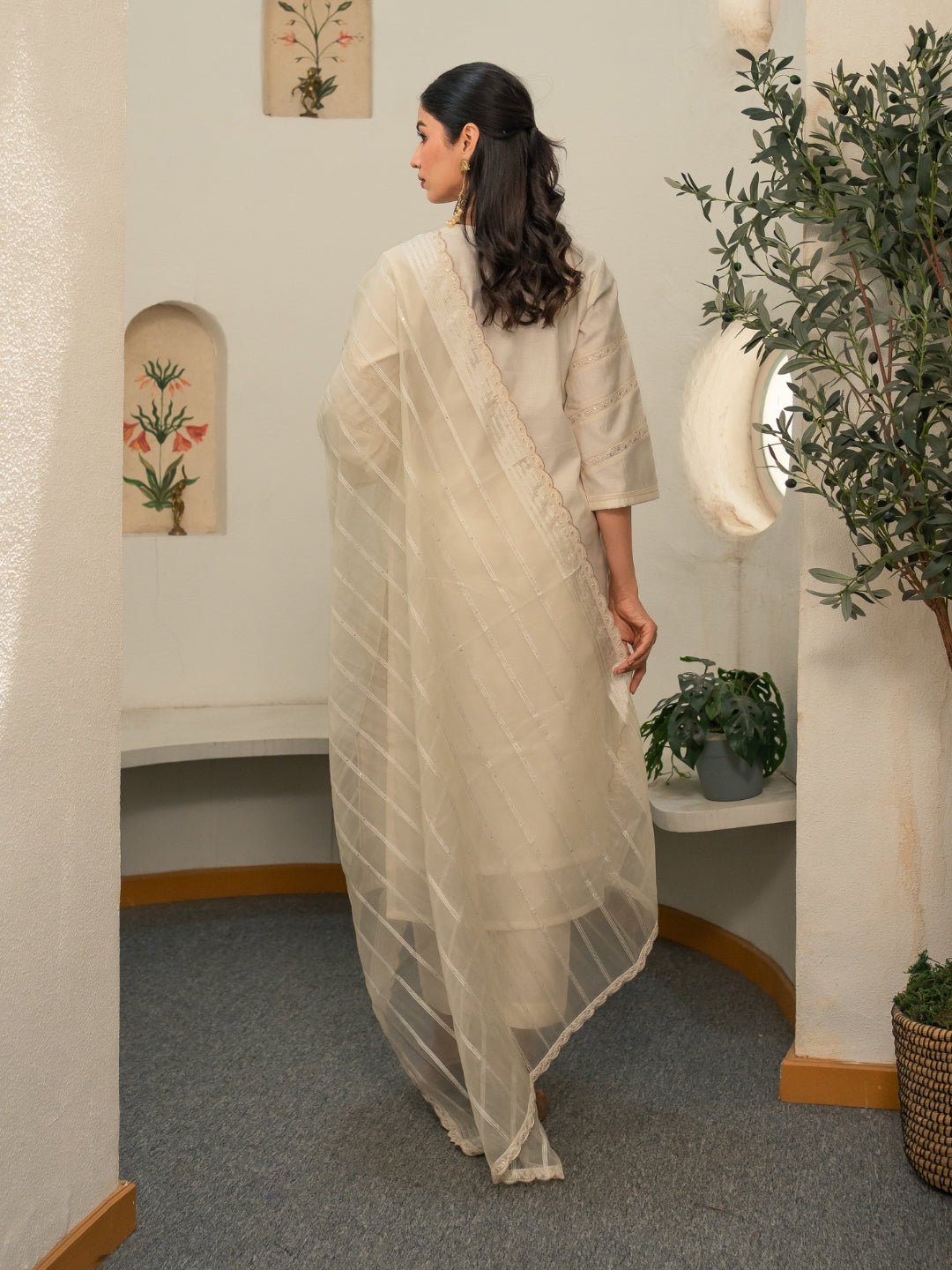 Chanderi Embroidery Pintucks Kurta with Dupatta and Pants - Image 2