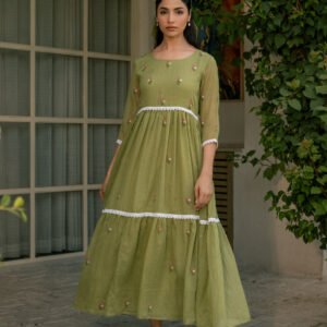 Mint Grace Dress in Kota Doriya Fabric with Embroidery